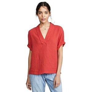 Xirena Avery Top in Red Cotton Gauze V-Neck Short Roll‎ Cuff Sleeve size medium